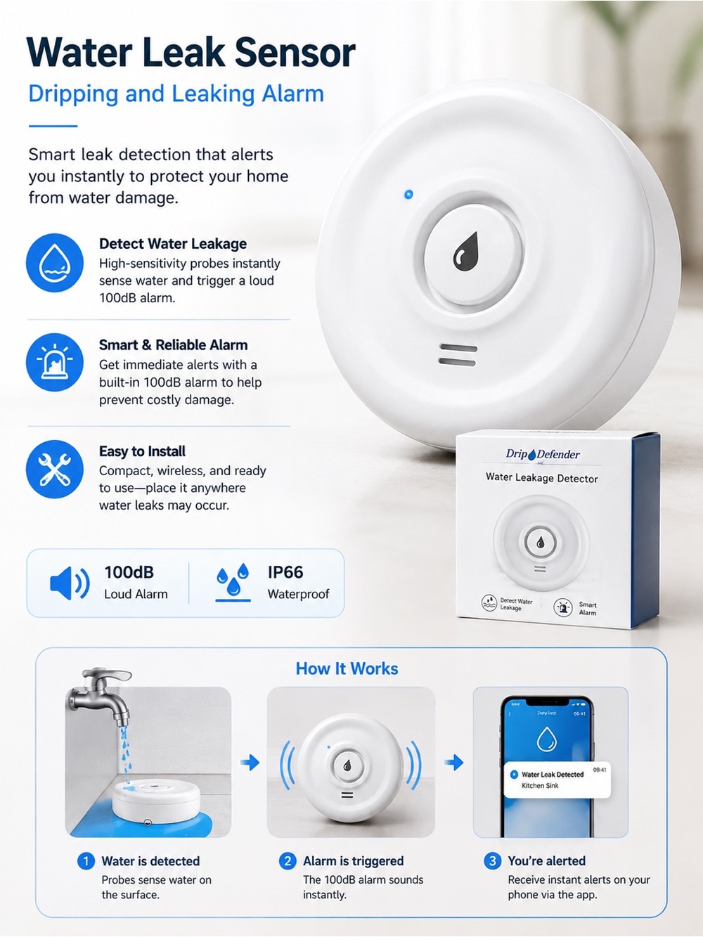 Amazon SMART Water Leak Sensor with 100dB Alarm